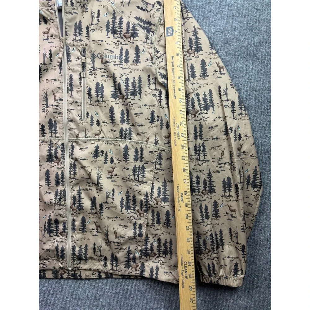 Columbia Hooded Windbreaker Mens Medium Tan Forest Deer Print Full Zip Jacket